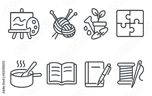 Home hobbies icon set – outline, craft and leisure activity symbols for diy projects
