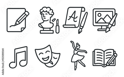 Creative hobbies icons set – outline, arts and crafts symbol collection