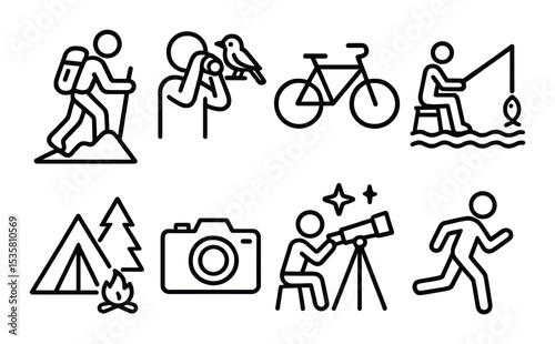 Outdoor hobby icons set – line, adventure and leisure activity symbols