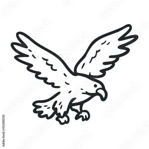 Illustration of a flying eagle with outstretched wings in black and white – stock vector icon in line drawing style