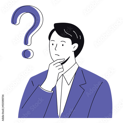 Man in blue blazer contemplates with hand to chin and a question mark