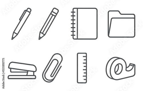 Office essentials icons set – outline, workspace and stationery symbols for productivity