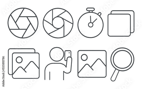 Photography linear icons set – minimalist camera, photo, and snapshot design elements