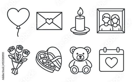 Romantic symbols outline icons set – love, relationship and affection elements