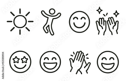Joy and happiness icons set – outline, cheerful and emotive graphic symbols