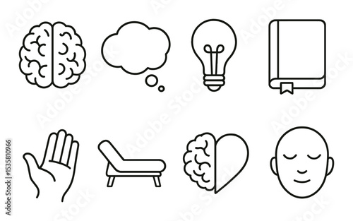 Mental health outline icons set – simple, therapy and wellness symbols