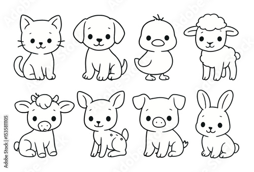 Adorable animal icons set - outline, cute and charming character symbols