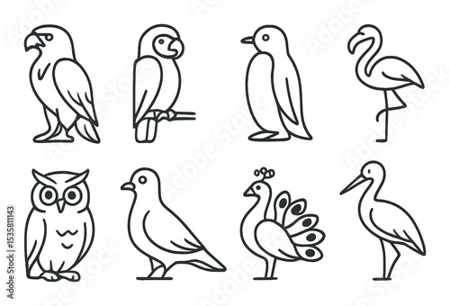 Bird icons set – linear, simple and minimalistic avian graphics for design projects