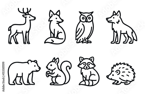 Forest animal icons set – linear, wildlife and nature symbols for creative projects