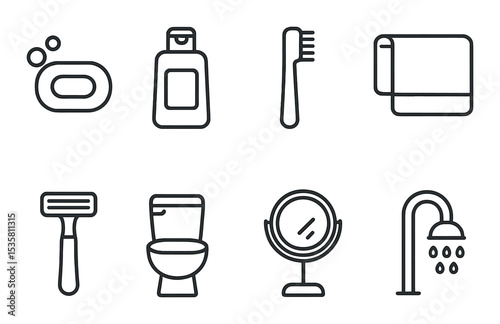 Bathroom essentials icons set – outline, hygiene and personal care symbols
