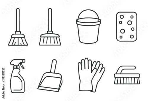 Cleaning tools silhouette icons set – simple cleaning supplies and housekeeping symbols