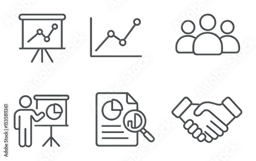 Business linear icons set – analytics, teamwork, and agreement symbols for projects