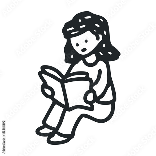 Young asian female child reading a book illustration in black and white – stock vector icon in line drawing style
