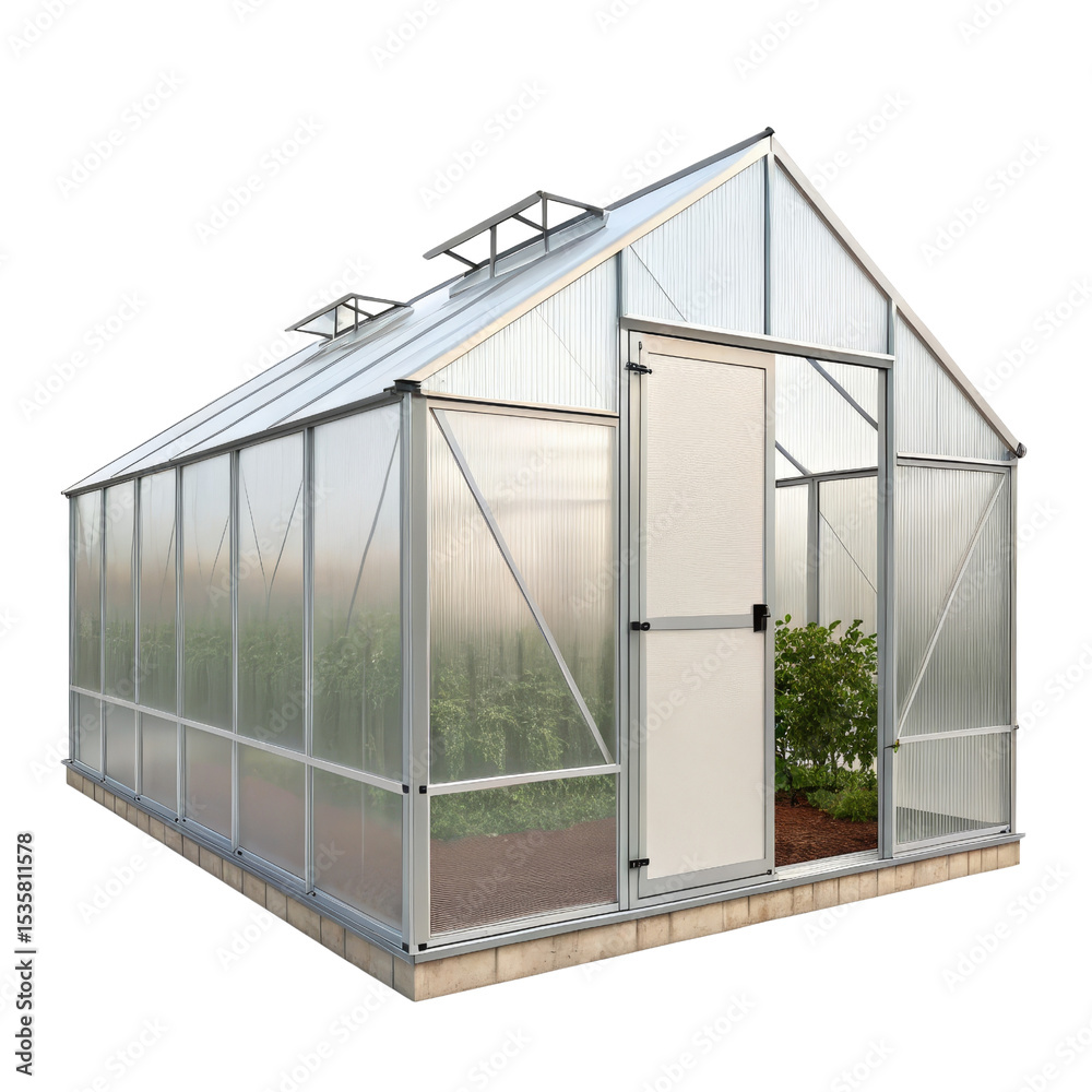 Fototapeta premium Aluminum Greenhouse 3D Render, Isolated on Transparent Background, Gardening, Plant Growth, Horticulture, Greenhouse, Plants, Agriculture