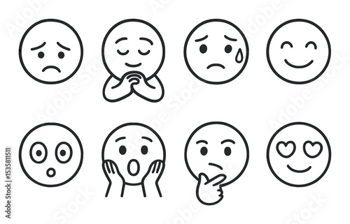 Emotion icons set – outline style, simple expressions and mood symbols