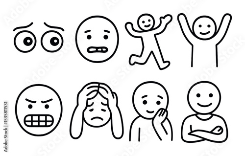 Emotion icons set – outline style, expressive and simple face emoticons