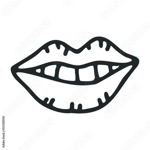 Simple black line drawing of human lips showing teeth – stock vector icon in line drawing style