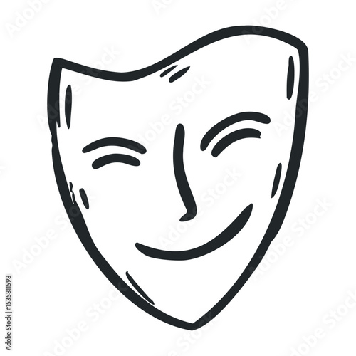 Happy theatrical comedy mask illustration with smiling expression – stock vector icon in line drawing style
