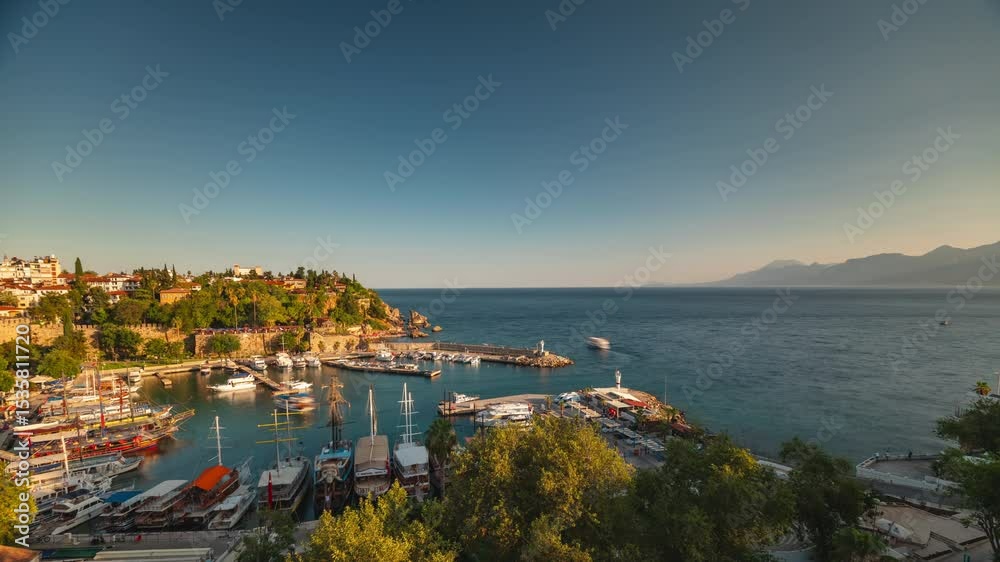 sunny day antalya city bay famous dock port traffic rooftop panorama timelapse 4k turkey