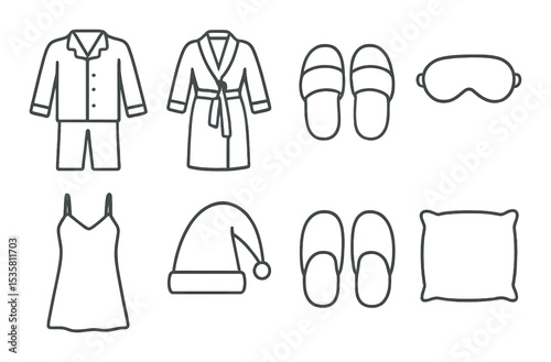 Sleepwear icons set – outline, nightwear, bedtime symbols for cozy design projects
