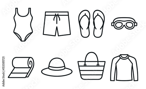 Beachwear icons set – outline, swimwear and summer clothing symbols