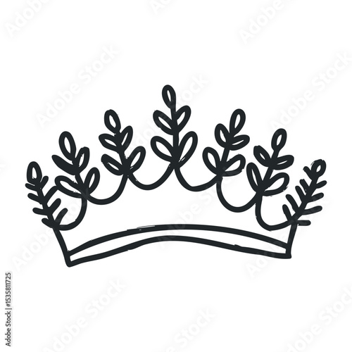 Hand-drawn crown with leafy branches design – stock vector icon in line drawing style