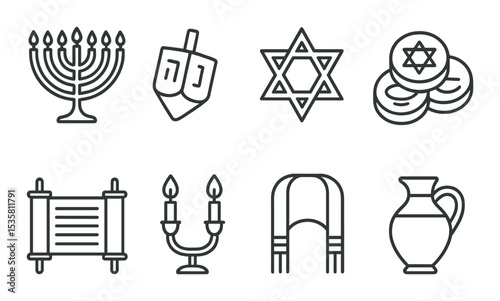 Jewish holiday icons set – simple, linear symbols for celebrations and traditions