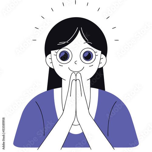 Young darkhaired woman with hands clasped together in praying or gratitude pose smiles hopefully