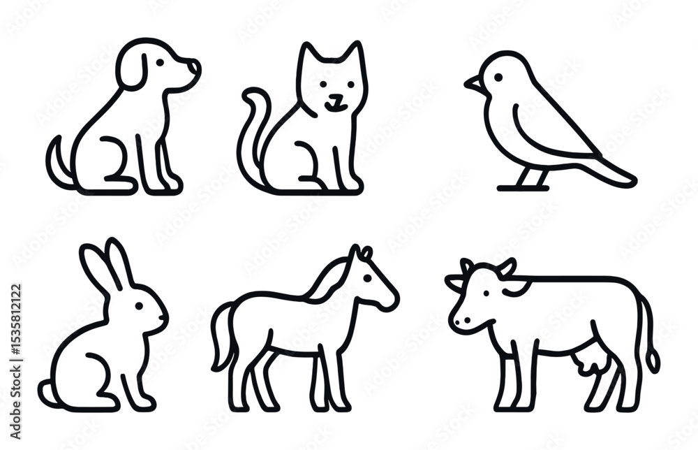 Obraz premium Animal icons set – line style, featuring simple, minimalist wildlife symbols