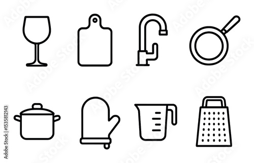 Household objects line icons set – kitchen, everyday and domestic symbols