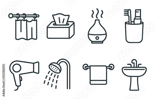 Household hygiene icons set – outline, bathroom essentials and cleaning symbols