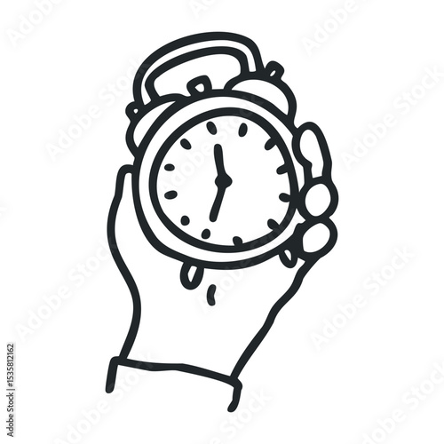 Hand holding alarm clock illustration for time management concepts – stock vector icon in line drawing style