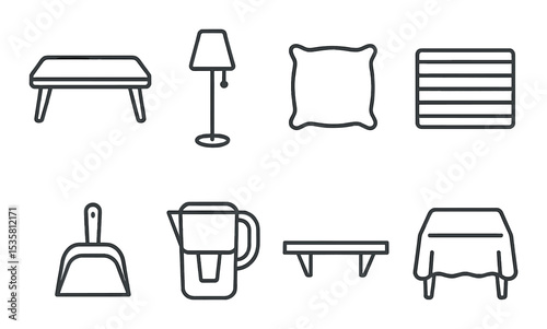 Household essentials icons set – line, homeware and utilities graphic collection