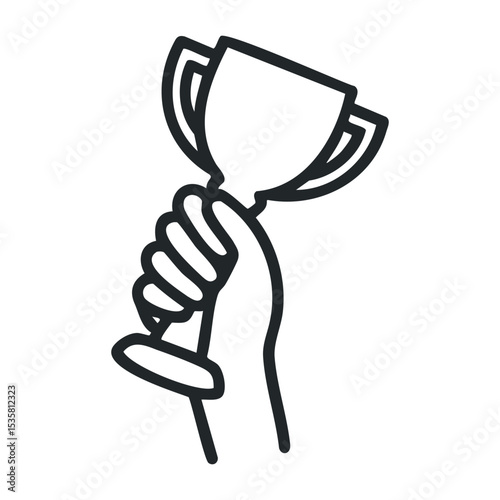 Hand holding a trophy in victory pose – stock vector icon in line drawing style