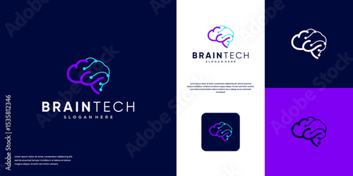 Electric network logo with human brain concept, artificial intelligence symbol, future, vector design template.