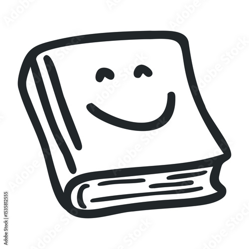 Smiling book cartoon with happy face drawing – stock vector icon in line drawing style
