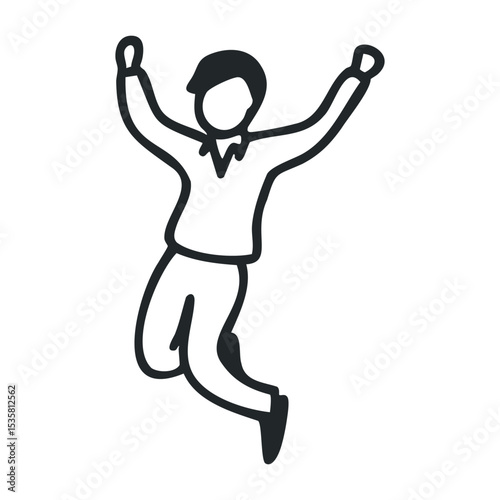 Excited young male cartoon character jumping with joy – stock vector icon in line drawing style