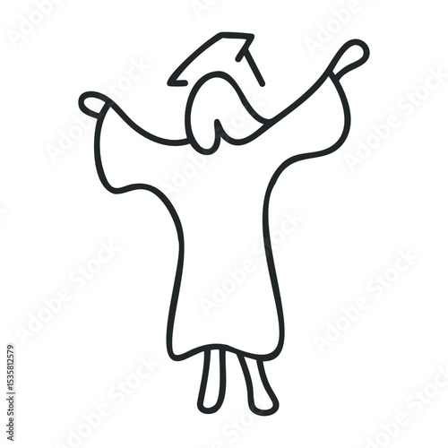 Female graduate celebrating academic achievement in cap and gown – stock vector icon in line drawing style