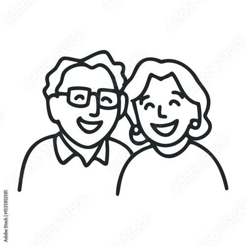 Elderly caucasian man and woman smiling in simple line art illustration – stock vector icon in line drawing style