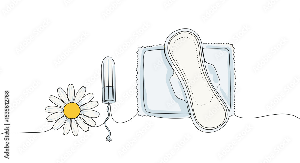 Fototapeta premium Sanitary pad, tampon and flower one line doodle drawing with watercolor fill, minimalistic vector illustration on white background svg