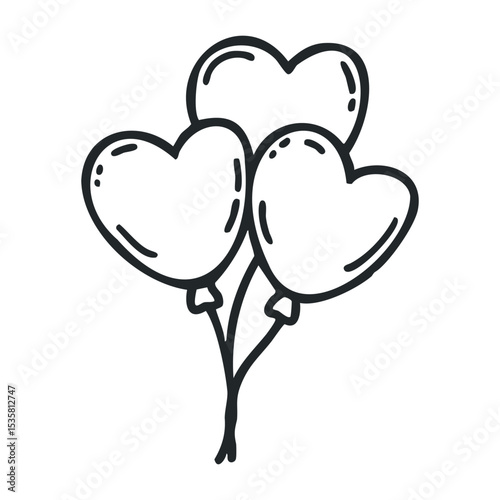 Heart-shaped balloon trio: simple black line drawing – stock vector icon in line drawing style