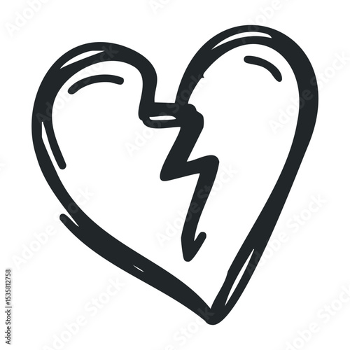 Hand-drawn broken heart icon with zigzag crack in black and white – stock vector icon in line drawing style