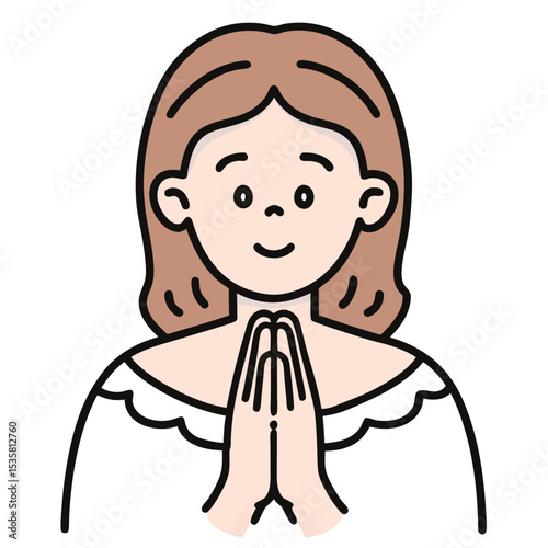 Cartoon woman with brown hair gently places her hands together in prayer