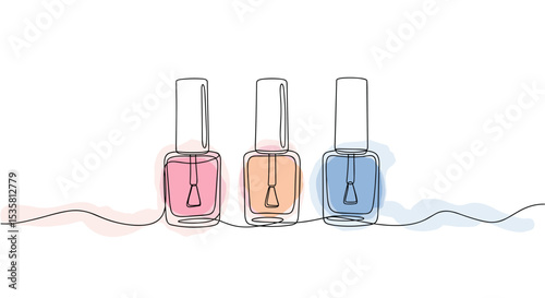 Nail polish set in various colors - one line doodle drawing with watercolor fill, minimalistic vector illustration on white background