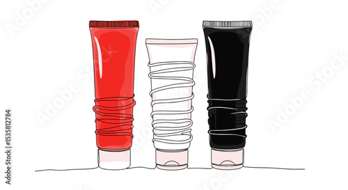 Hair dye tubes in multiple shades one line doodle drawing with watercolor fill, minimalistic vector illustration on white background