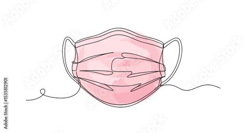 Pink medical face mask - one line doodle drawing with watercolor fill, minimalistic vector illustration on white background

