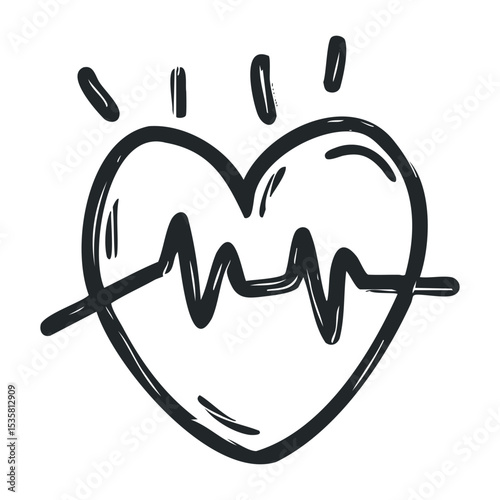 Hand-drawn heartbeat heart symbol with pulse line sketch – stock vector icon in line drawing style