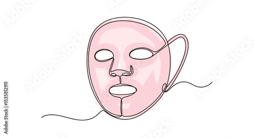 Pink cosmetic facial mask - spa skincare concept, one line doodle drawing with watercolor fill, minimalistic vector illustration on white background