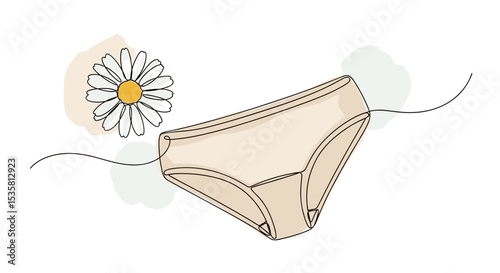 Women’s underwear with chamomile flower one line doodle drawing with watercolor fill, minimalistic vector illustration on white background
