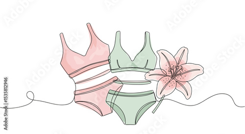 Pastel color bikini set - one line doodle drawing with watercolor fill, minimalistic vector illustration on white background